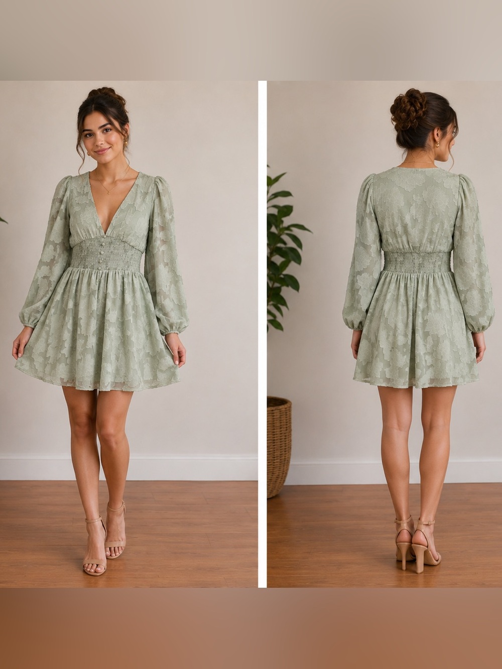 Lulu's Dress S Green Tomorrow & Always Burnout Bishop Sleeve Mini Short Peasant